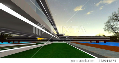 Night in a cottage community. Modern architectural design. Pool in a private area. 3D rendering. 118944874