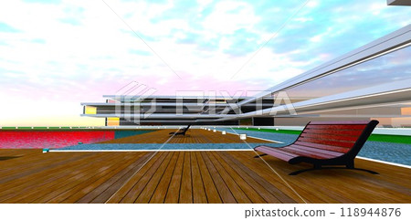 Plank deck and benches in the relaxation area of an advanced hotel complex with a swimming pool during early morning. 3D rendering. 118944876