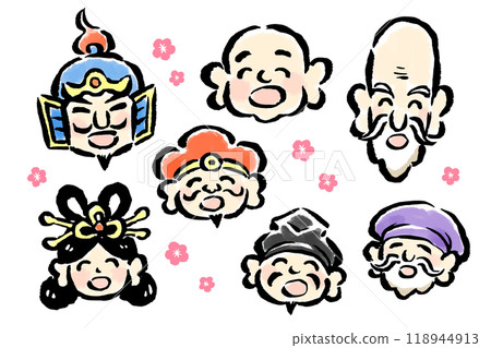 微笑七福神（僅臉部）毛筆手繪插畫 118944913