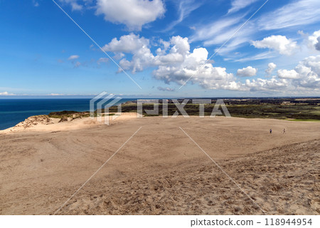 Sand dunes and seascape next to Rubjerg Knude Lighthouse. Sand dunes and seascape next to Rubjerg Knude Lighthouse. 118944954