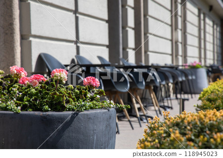 Terrace with outdoor furniture, lounge chairs and flowers in a pot on a sunny day. 118945023