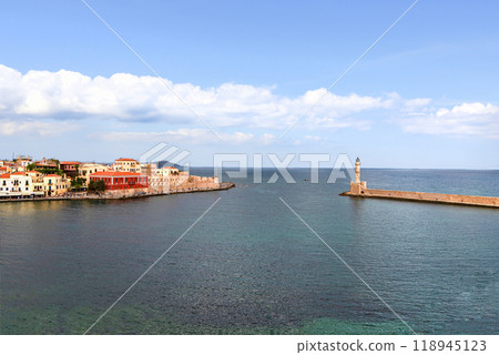 Landmarks of Crete - Beautiful venetian town Chania in Crete island. View of the old port of Chania, Greece. Landmarks of Crete - Beautiful venetian town Chania in Crete island. View of the old port of Chania, Greece. 118945123