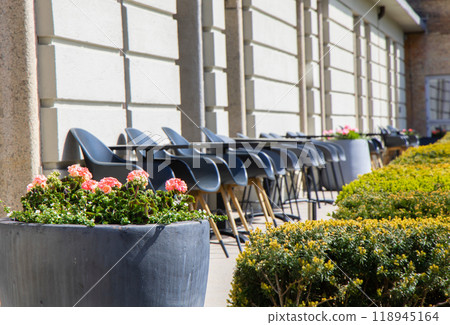 Terrace with outdoor furniture, lounge chairs and flowers in a pot on a sunny day. 118945164