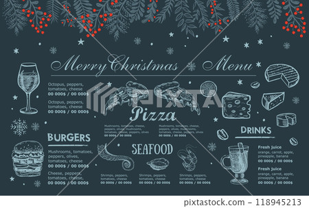 Christmas and New Year menu cafe. Template design. Hand drawn illustrations. Vector. Christmas and New Year menu cafe. Template design. Hand drawn illustrations. Vector. 118945213