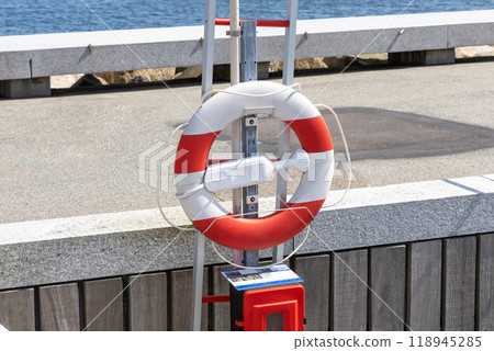 Lifebuoy hang on the pier. Concept of a safe holiday. 118945285