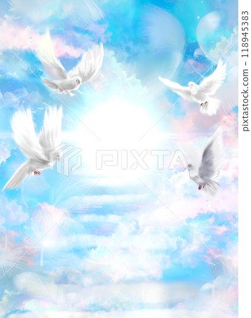 白鴿和通往天堂的雲樓梯的神秘背景插圖(垂直構圖) 白鴿和通往天堂的雲樓梯的神秘背景插圖(垂直構圖) 118945383
