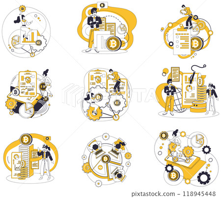 Cryptocurrency vector illustration. Currency Bitcoin, blockchain and cryptocurrency concepts financial evolution Financial, conductor, orchestrates symphony transactions in digital 118945448