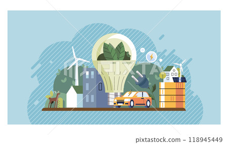 Energy efficiency. A light bulb with leaves, wind turbine, buildings, electric car, and solar panels highlight renewable energy and sustainable living. Ideal for urban planning, renewable energy 118945449