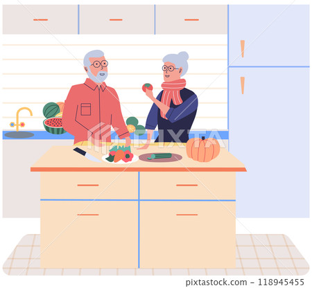 Couple cooking vegetable salad together. Elderly people preparing vegetarian food in kitchen. Culinary with family, food preparation at home. Proper nutrition, healthy lifestyle, vegetarianism concept Couple cooking vegetable salad together. Elderly people preparing vegetarian food in kitchen. Culinary with family, food preparation at home. Proper nutrition, healthy lifestyle, vegetarianism concept 118945455