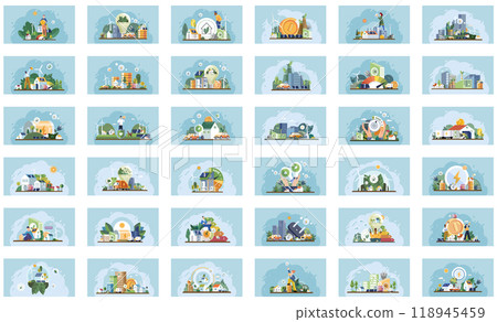 Energy efficiency. Multiple illustrated panels showcasing various aspects of renewable energy, green technologies, and sustainable living practices. Ideal for education, environmental campaigns 118945459