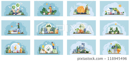 Energy efficiency. Various scenes show sustainable living with energy-efficient homes, renewable energy sources like wind and solar power, recycling practices, and green transportation. Ideal for 118945496