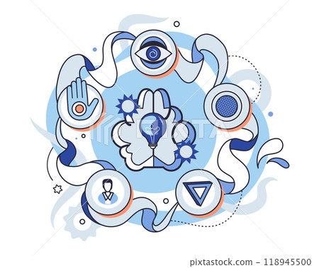 Abstract thinking. Central brain with light bulb surrounded by eye, hand, gear, shirt, and triangle. Ideal for cognitive processes innovative ideas sensory perception mind-body connection modern art 118945500