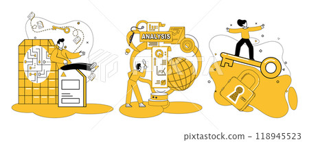 Work with data vector illustration. Reports echo wisdom distilled from vast sea data through analytics Stock market data, like tapestry, unfolds under analytical gaze financial experts 118945523