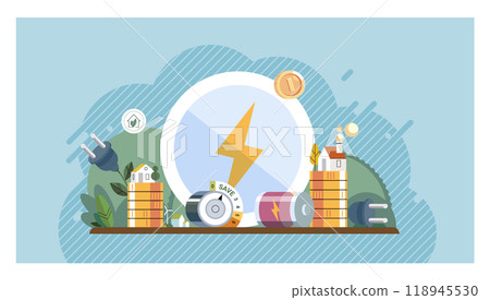 Energy efficiency. The scene highlights a power plug and electrical devices surrounded by houses and coins. Ideal for sustainability, green technology, cost savings, renewable energy, and smart 118945530