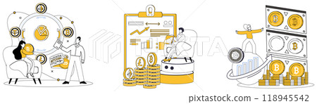 Cryptocurrency vector illustration. Business, canvas, paints masterpiece innovation as cryptocurrency becomes brushstroke progress Currency Bitcoin, blockchain and cryptocurrency concepts 118945542