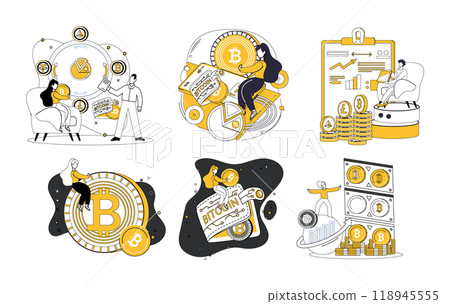 Cryptocurrency vector illustration. Cryptocoin, constellation, dots digital sky. Bitcoin, blockchain and cryptocurrency concepts, focusing on mining, digital transactions, and finance 118945555