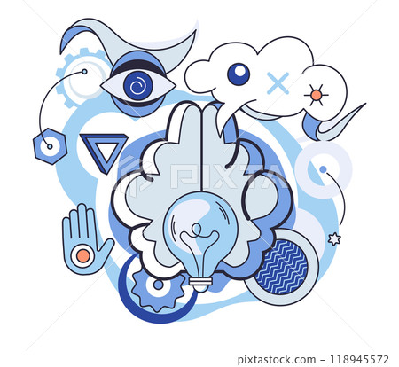 Abstract thinking. Central brain surrounded by symbols like an eye, hand, and lightbulb. Ideal for creativity, innovation, brainstorming, imagination, psychology. Light mix of white and blue tones Abstract thinking. Central brain surrounded by symbols like an eye, hand, and lightbulb. Ideal for creativity, innovation, brainstorming, imagination, psychology. Light mix of white and blue tones 118945572