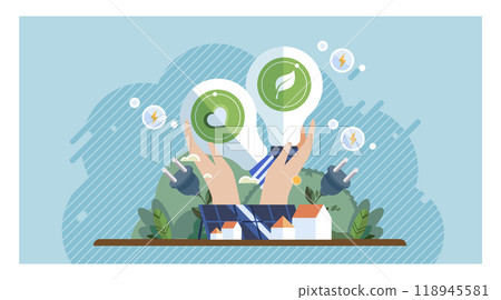 Energy efficiency is displayed by two hands holding energy-efficient light bulbs with green leaf symbols, surrounded by solar panels and electrical plugs. Ideal for promoting sustainability Energy efficiency is displayed by two hands holding energy-efficient light bulbs with green leaf symbols, surrounded by solar panels and electrical plugs. Ideal for promoting sustainability 118945581