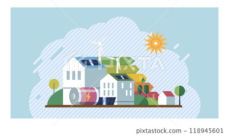 Energy efficiency. Houses with solar panels on roofs and a wind turbine in the background. Battery storage and an energy rating scale are also visible. Ideal for sustainable living, energy 118945601
