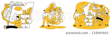 Work with data vector illustration. Analytical skills are architects constructing bridges between data and actionable insights Data analytics breathes life into numbers, transforming Work with data vector illustration. Analytical skills are architects constructing bridges between data and actionable insights Data analytics breathes life into numbers, transforming 118945603