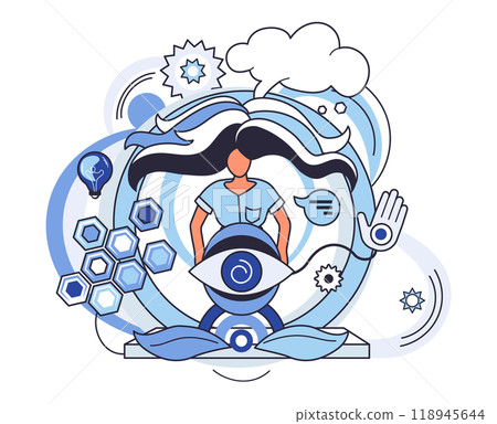 Abstract thinking. A female figure surrounded by an eye, gears, hexagons, a hand, and a speech bubble with clouds. Ideal for creative thinking, innovation, technology, communication, and visionary 118945644