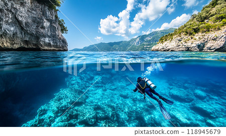 Divers enjoying diving in the blue sea 118945679