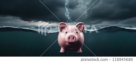 Piggy bank drowning in deep water during stormy day 118945680
