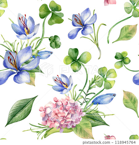 Spring wild flowers watercolor seamless pattern isolated. Clover, pink hydrangea and crocus illustration hand drawn by repeated background. Botanical art print for design package, home decor, textile. 118945764