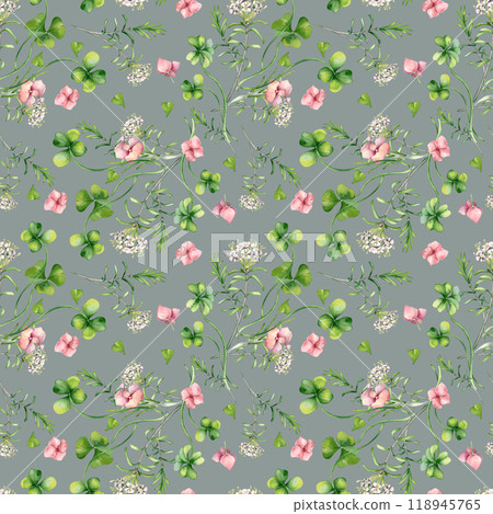 Seamless floral pattern with pink flowers, clover and white wildflowers watercolor isolated. Realistic spring plants hydrangea, shamrock on repeated background hand drawn. Botanical design for textile 118945765