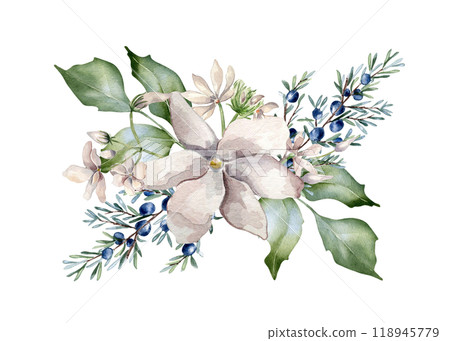 Jasmine pink flowers and juniper branch watercolor illustration isolated. Floral composition in soft tones in botanical style hand drawn. Blooms and coniferous plants painted for wedding, Christmas. Jasmine pink flowers and juniper branch watercolor illustration isolated. Floral composition in soft tones in botanical style hand drawn. Blooms and coniferous plants painted for wedding, Christmas. 118945779