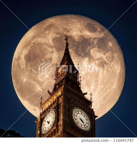 Big Ben at night under the full moon 118945787