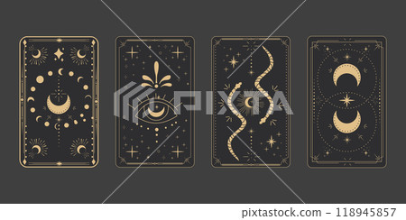 Tarot reverce border magic sacred frame gold line border celelstial mystery esoteric cover card decoration with snake stars and moon on dark background. Tarot reverce border magic sacred frame gold line border celelstial mystery esoteric cover card decoration with snake stars and moon on dark background. 118945857