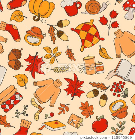 Warm cozy atmosphere of autumn seamless pattern Warm cozy atmosphere of autumn seamless pattern 118945869