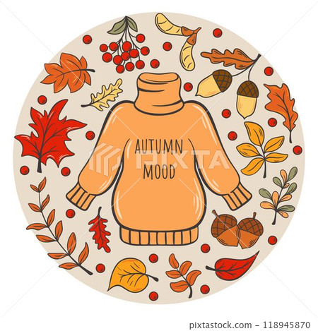 Cozy autumn card design with warm knitted sweater and falling leaves Cozy autumn card design with warm knitted sweater and falling leaves 118945870