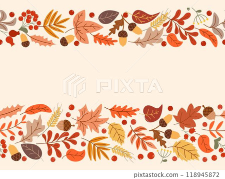 Autumn seamless border of falling leaves, acorns and berries Autumn seamless border of falling leaves, acorns and berries 118945872