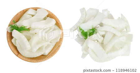 fresh fennel bulb slices in wooden bowl isolated on white background  . Top view. Flat lay 118946102