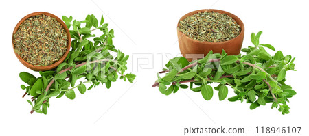 Oregano or marjoram leaves fresh and dry in wooden bowl isolated on white background . Top view. Flat lay Oregano or marjoram leaves fresh and dry in wooden bowl isolated on white background . Top view. Flat lay 118946107
