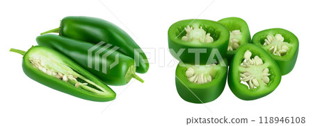 jalapeno peppers isolated on white background. Green chili pepper with full depth of field. 118946108