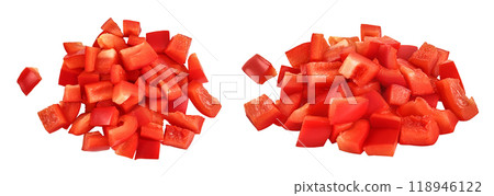 diced of red sweet bell pepper isolated on white background. Top view. Flat lay 118946122