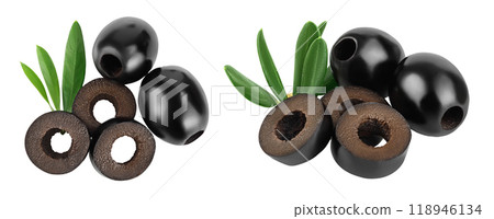 Black olives with leaves isolated on a white background with full depth of field. Top view. Flat lay Black olives with leaves isolated on a white background with full depth of field. Top view. Flat lay 118946134