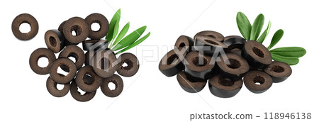 Black olive slices isolated on a white background with full depth of field. Top view. Flat lay 118946138