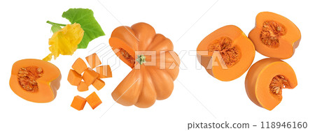 Fresh orange pumpkin isolated on white background with full depth of field. Top view. Flat lay Fresh orange pumpkin isolated on white background with full depth of field. Top view. Flat lay 118946160