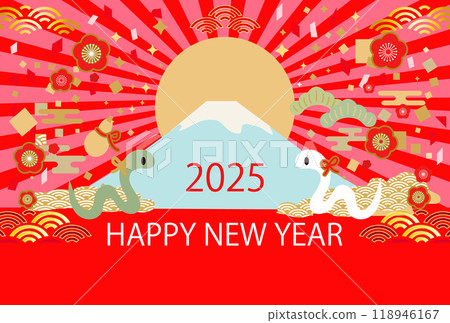 New Year's card illustration for the Year of the Snake 2025: Mount Fuji and the first sunrise 118946167
