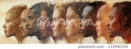 Multiracial group of people in profile facing left with a textured artistic effect. Strong representation of diversity and inclusion. 118946180