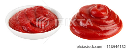 Red tomato sauce or ketchup in ceramic bowl isolated on white background . Top view. Flat lay 118946182