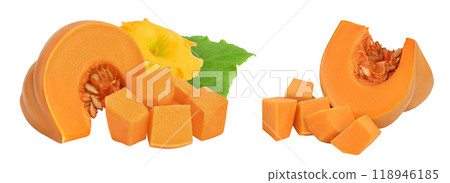 Fresh orange pumpkin isolated on white background with full depth of field Fresh orange pumpkin isolated on white background with full depth of field 118946185