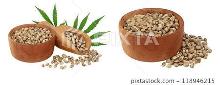 Hemp seeds in wooden bowl with leaf isolated on white background with full depth of field 118946215