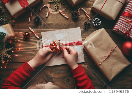 A child and parent craft a festive Christmas tree together, hands engaged in decorating. 118946276