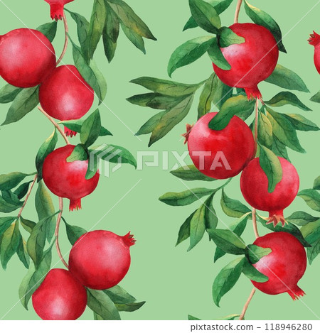 Seamless pattern with pomegranates and leaves. Hand drawn watercolor illustration on green background for print, wrapper, textile, fabric, textile 118946280