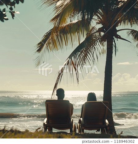 Sunny Seaside Retreat: African American couple lounging on sun loungers under palm tree on beautiful coastal beach. 118946302